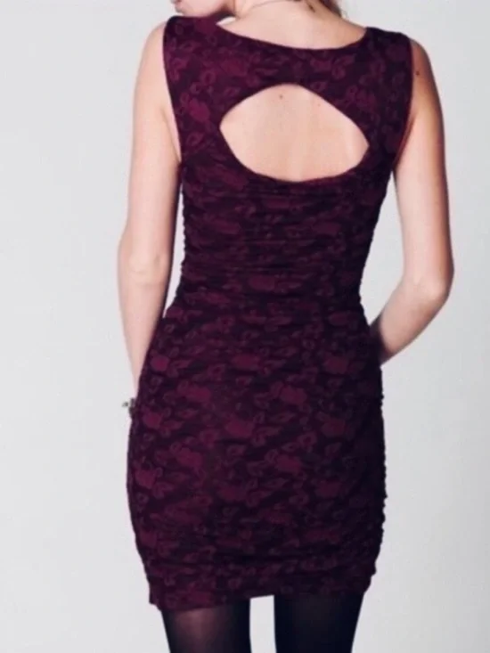 Free People Burgundy and Black Lace Mini Dress Ruched Sides Key Hole Back Med - Picture 3 of 12